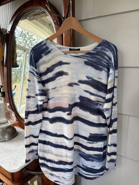 Charlies Navy, White & Pale Yellow Striped Tie-Dye Top